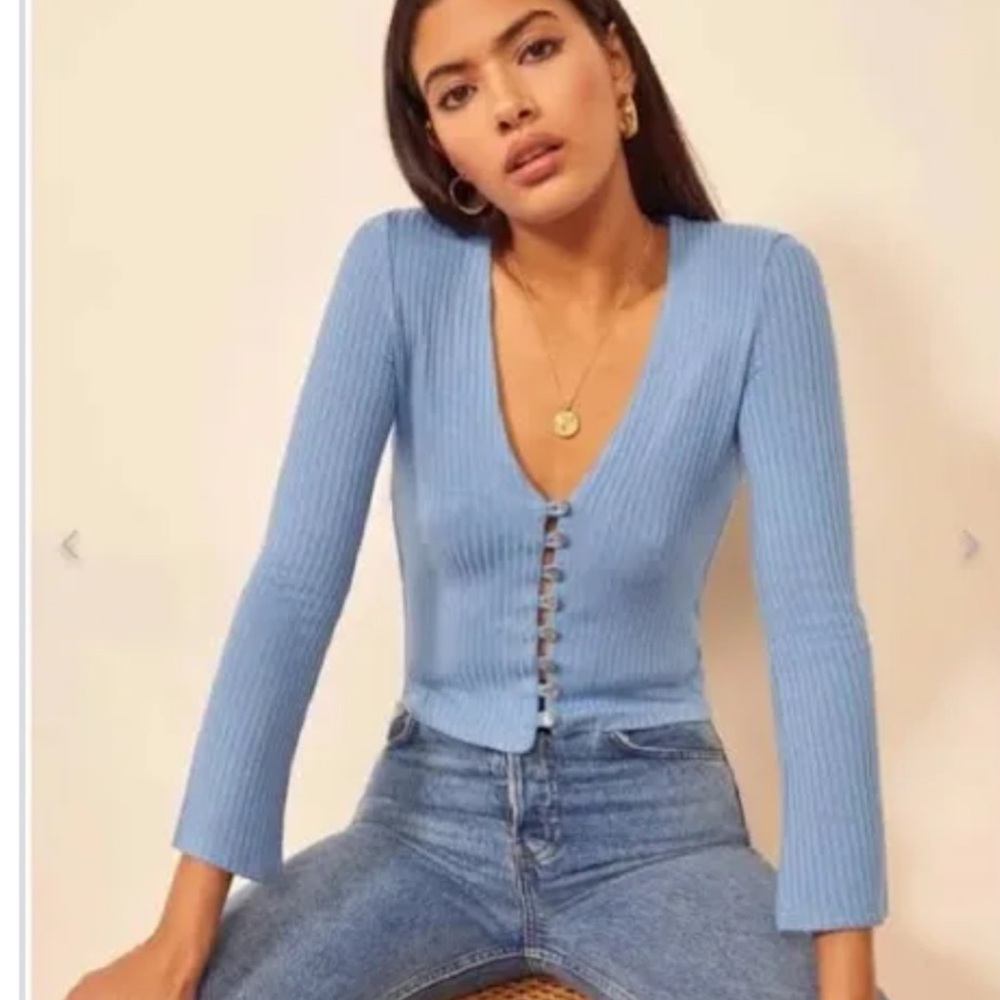 Reformation Blue Ribbed Button-Up top